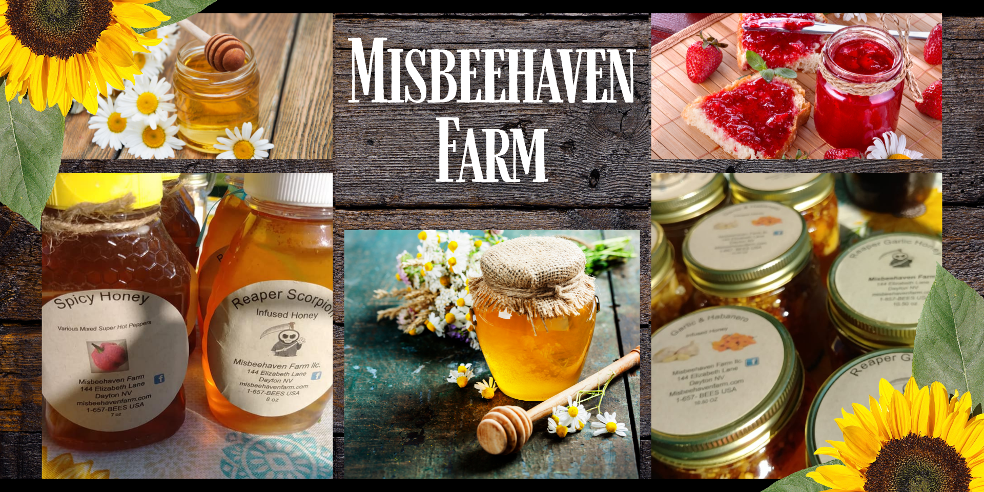 CVM – Blog Images (5) Five pictures of Misbeehaven Farm's jams, jellies, and honey.