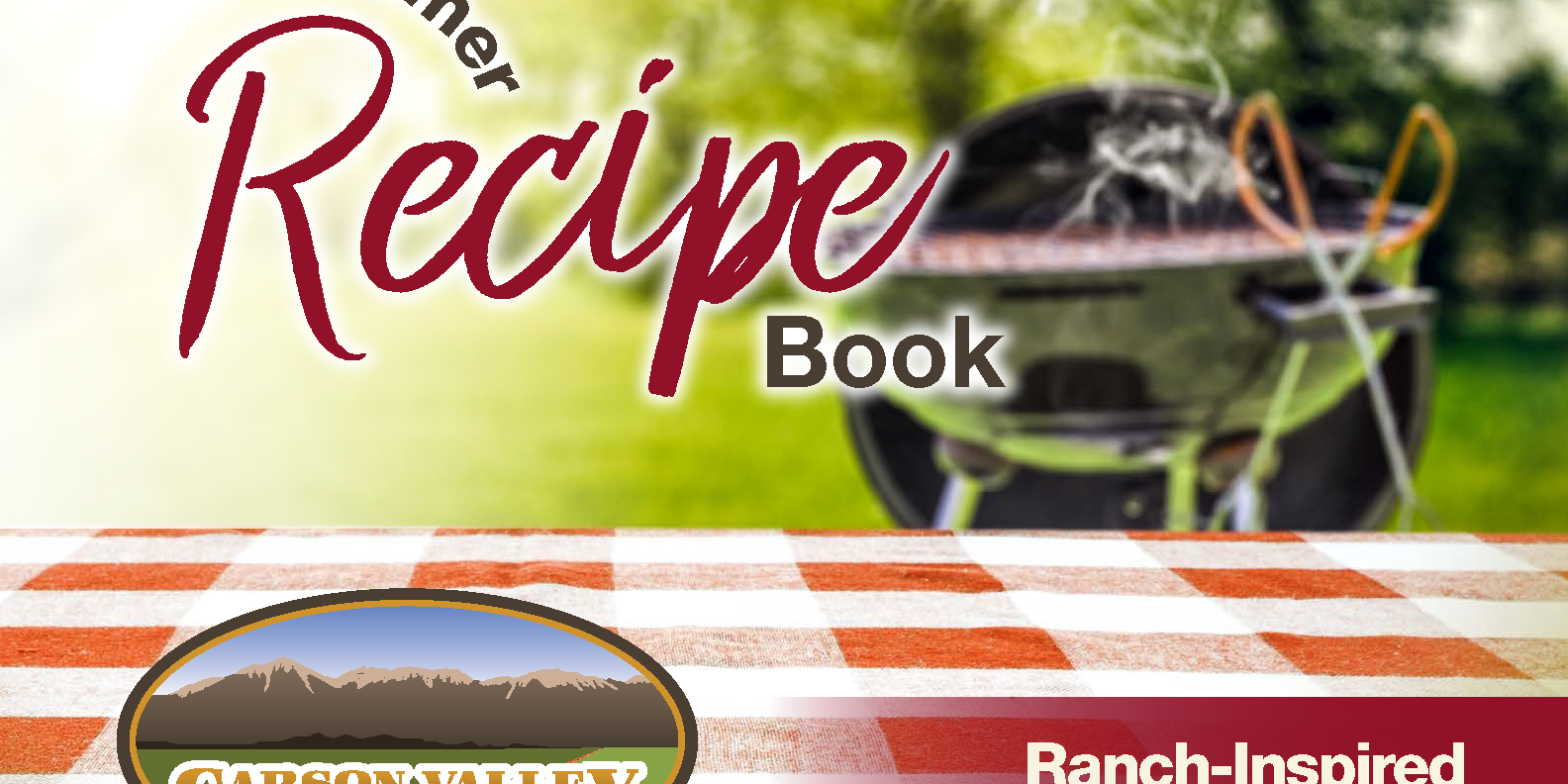 2023 Summer Recipe Compilation Cover Page red gigham table cloth in the foreground with barbecue grill in the background