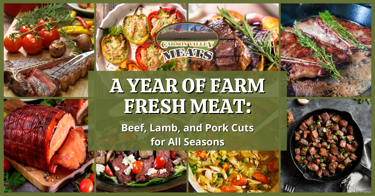 A photo collage of different types of meals including cooked ham, ribs, steak, soup, and more with a book title of A Year of Farm Fresh Meat: Beef, Lamb, and Pork Cuts for All Seasons