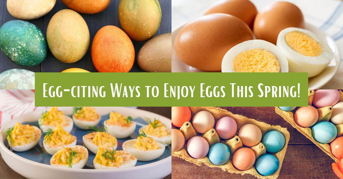 A collage of colorful easter eggs, deviled eggs, and hard boiled eggs