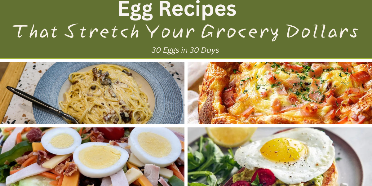 30 Eggs in 30 Days Recipes Featured Image Collage of egg dishes from the 30 Eggs in 30 Days - Egg Recipes that Stretch Your Grocery Dollars